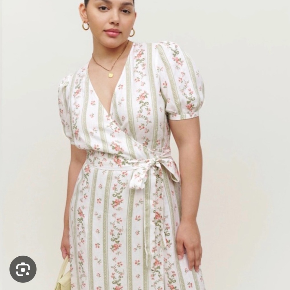 Reformation Weiss Linen Floral Wrap Midi Dress - White & Green